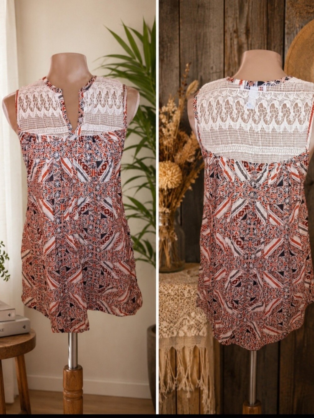 Retro ~ 60’s Geometric Crochet Sleeveless Tunic – Red & Black Patterned Small